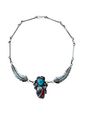 Angela Lee Turquoise, Coral and Feather Necklace